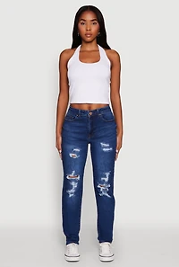 Womens WAX Mid Rise Boyfriend Cut Distressed Jeans, Blue,