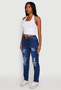 Womens WAX Mid Rise Boyfriend Cut Distressed Jeans, Blue,