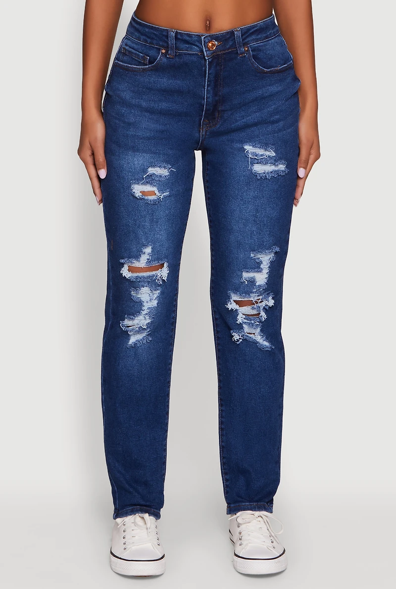 Womens WAX Mid Rise Boyfriend Cut Distressed Jeans, Blue,
