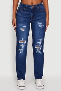 Womens WAX Mid Rise Boyfriend Cut Distressed Jeans, Blue,
