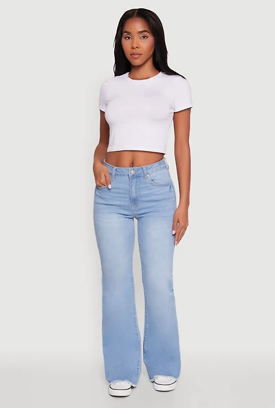 Womens WAX Whiskered Mid Rise Frayed Hem Flare Jeans, Blue, Size 1