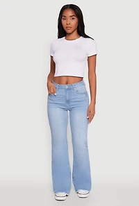 Womens WAX Whiskered Mid Rise Frayed Hem Flare Jeans, Blue, Size 1