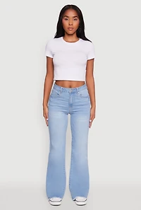 Womens WAX Whiskered Mid Rise Frayed Hem Flare Jeans, Blue, Size 1