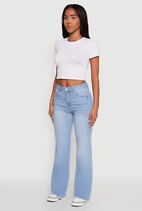 Womens WAX Whiskered Mid Rise Frayed Hem Flare Jeans, Blue, Size 1