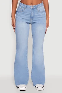 Womens WAX Whiskered Mid Rise Frayed Hem Flare Jeans, Blue, Size 1