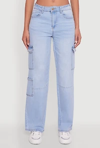 Womens WAX Wide Leg Flap Pocket Cargo Jeans, Blue,