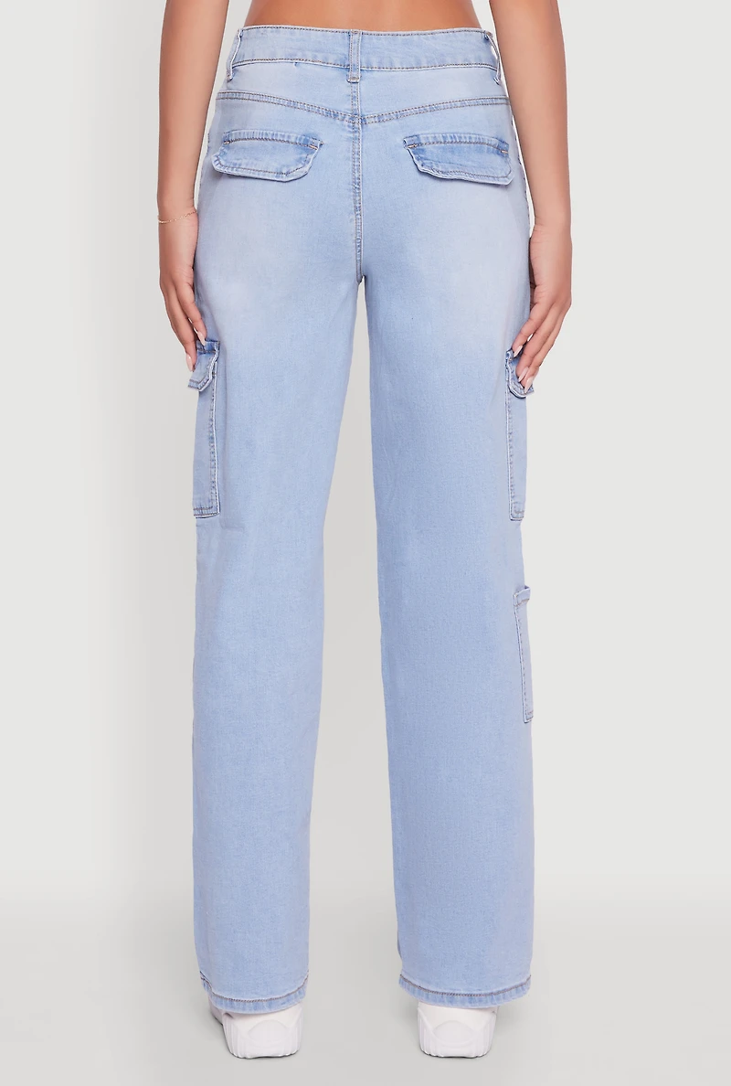 Womens WAX Wide Leg Flap Pocket Cargo Jeans, Blue,