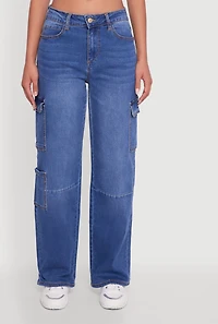Womens WAX Wide Leg Flap Pocket Cargo Jeans, Blue, Size 1