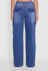 Womens WAX Wide Leg Flap Pocket Cargo Jeans, Blue,