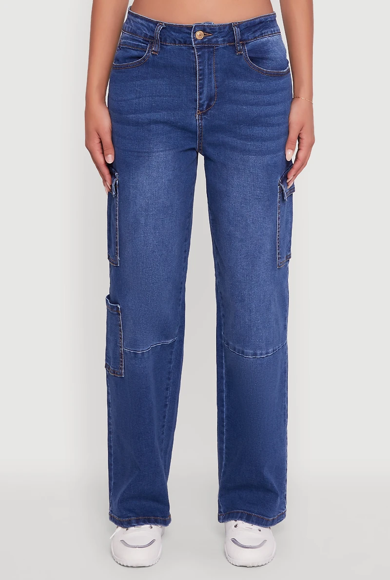 Womens WAX Wide Leg Flap Pocket Cargo Jeans, Blue,
