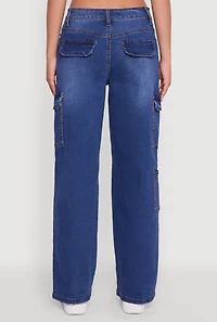 Womens WAX Wide Leg Flap Pocket Cargo Jeans, Blue,