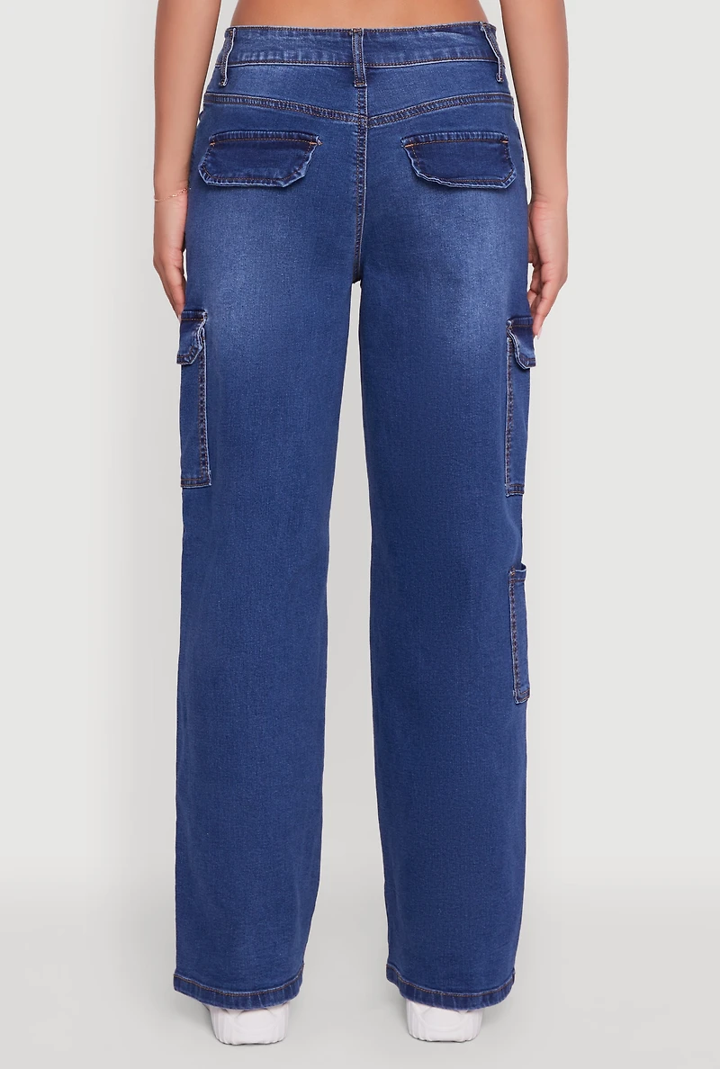 Womens WAX Wide Leg Flap Pocket Cargo Jeans, Blue,