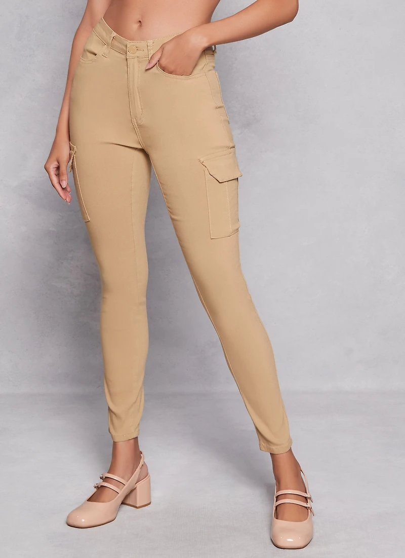 Womens High Waist Skinny Cargo Pants, Khaki, Size L