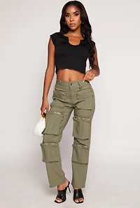 Womens Stretch High Waisted Wide Leg Cargo Pants, Green, Size M