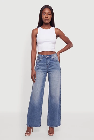 High Waisted Whiskered Wide Leg Jeans