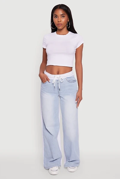 Womens Color Block Denim Insert Drawstring Waist Sweatpants, Blue,