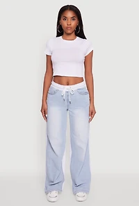 Womens Color Block Denim Insert Drawstring Waist Sweatpants, Blue,