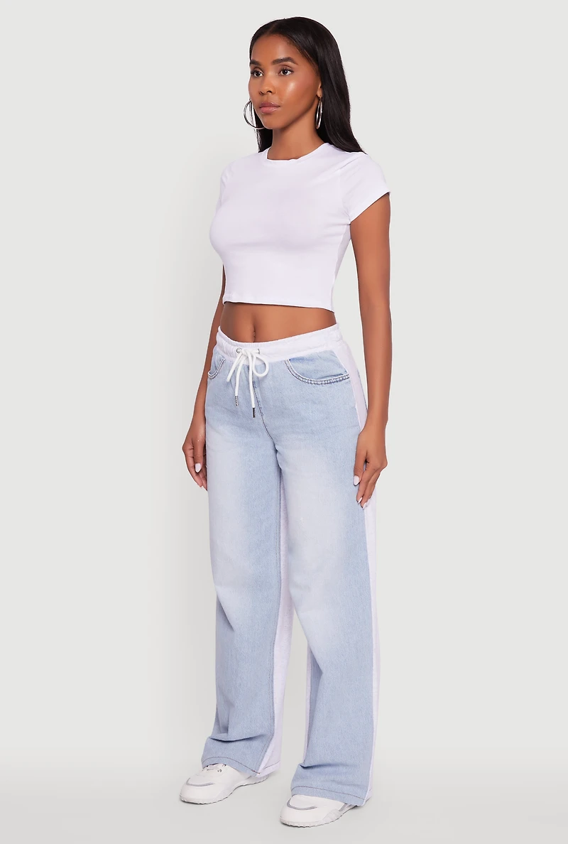 Color Block Denim Insert Drawstring Waist Sweatpants