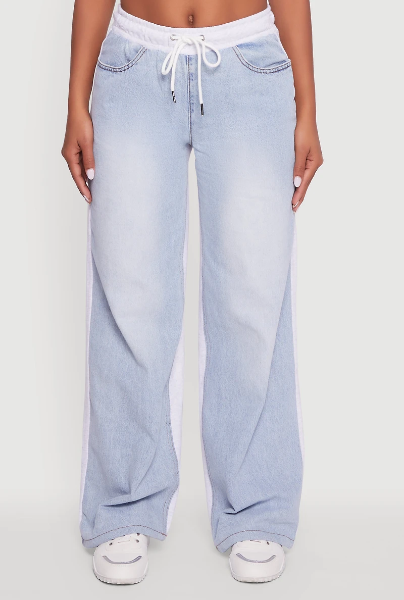 Womens Color Block Denim Insert Drawstring Waist Sweatpants, Blue,