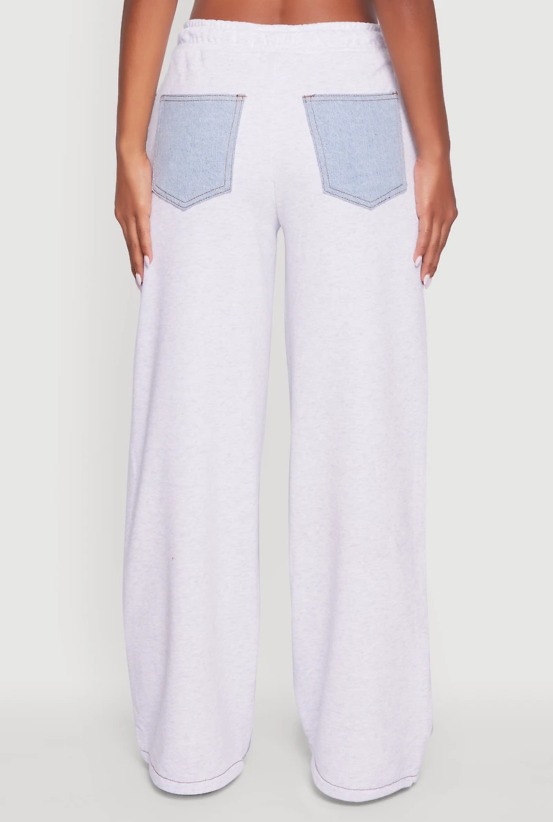Color Block Denim Insert Drawstring Waist Sweatpants