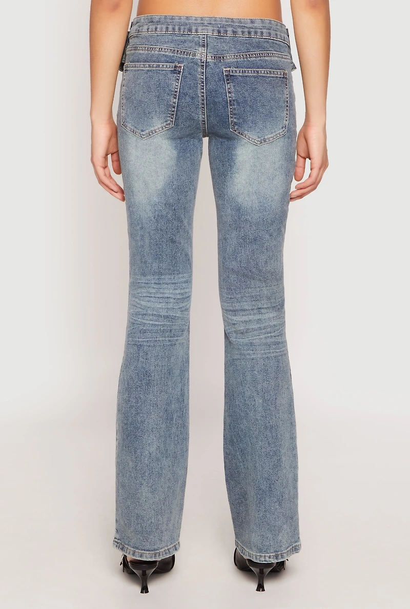 Womens Madden Girl Belted Front Boot Cut Jeans, Blue, Size 1
