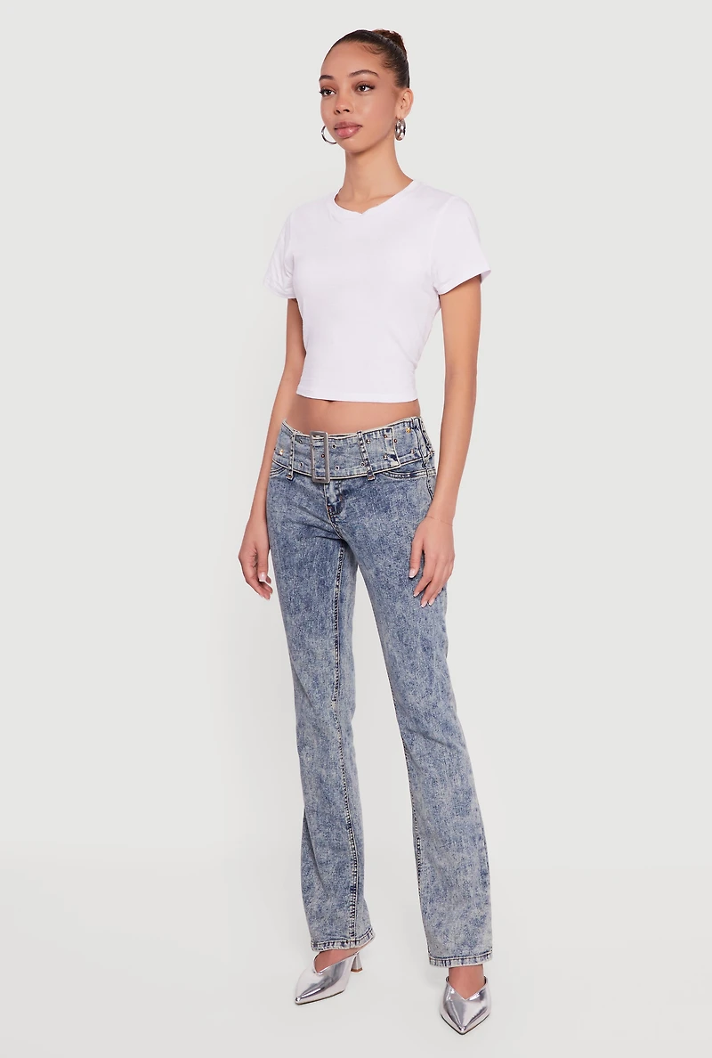 Rhinestone Belted Front Boot Cut Jeans