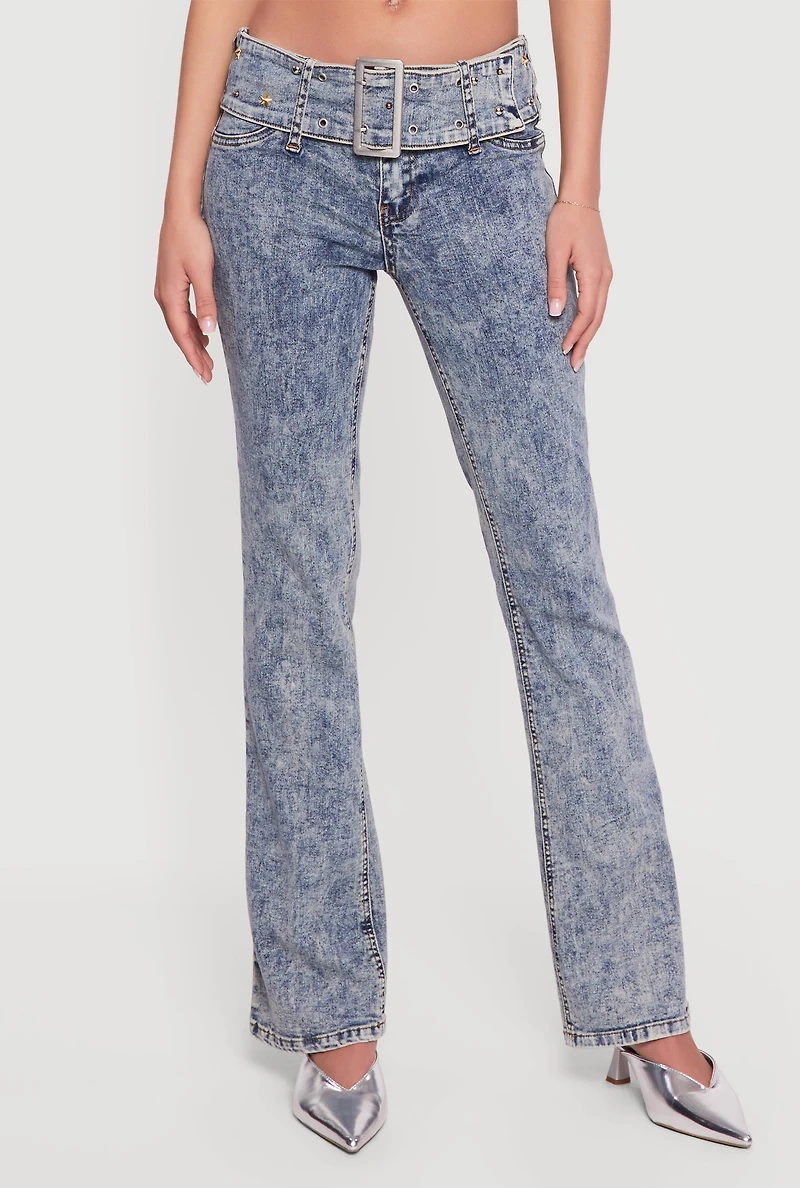 Rhinestone Belted Front Boot Cut Jeans