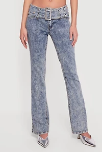 Rhinestone Belted Front Boot Cut Jeans