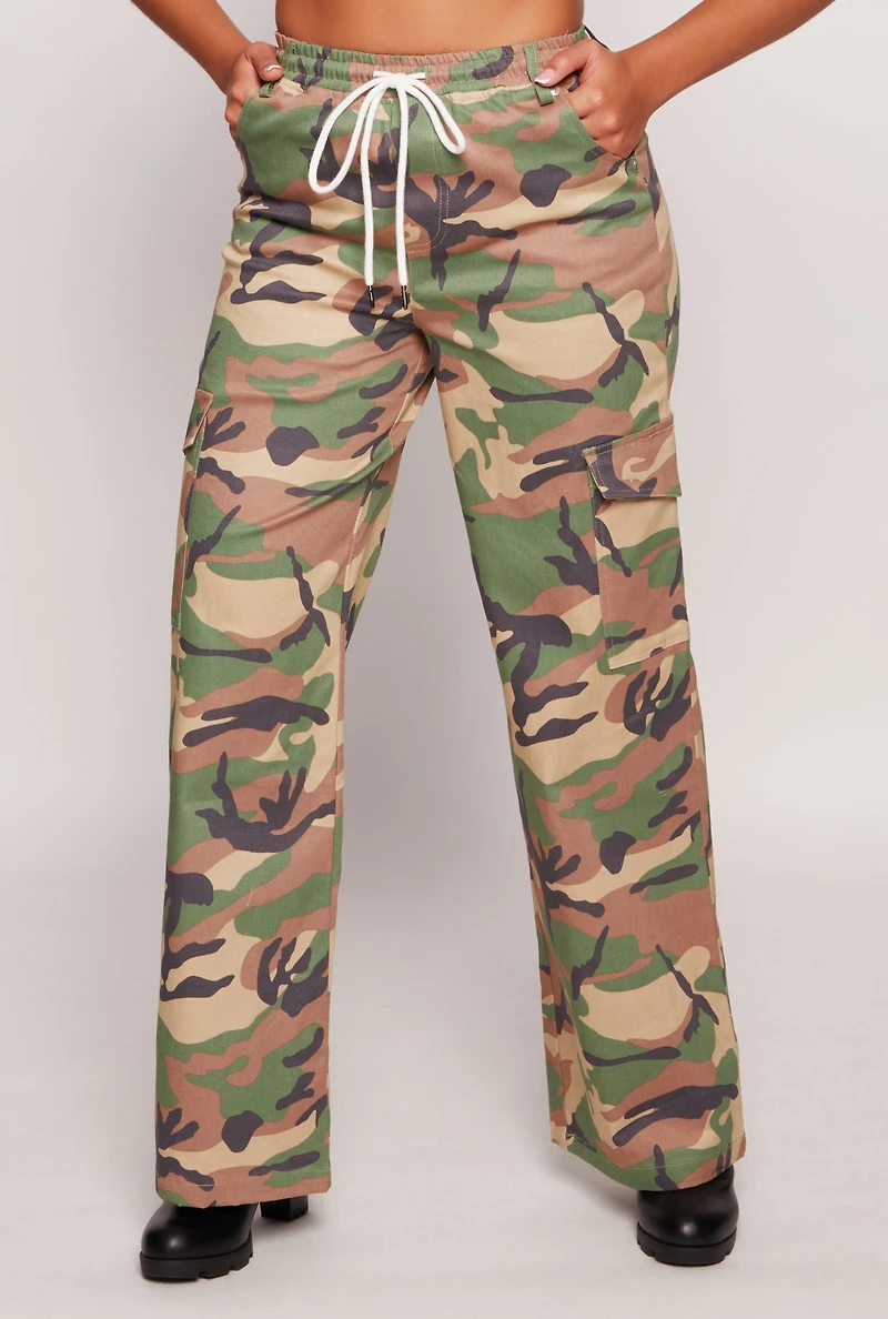 Womens Almost Famous Camo Drawstring Waist Cargo Pants, Multi, Size L