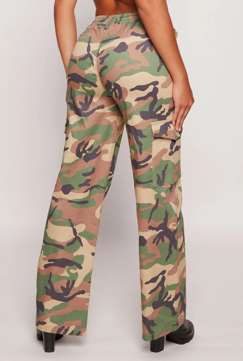 Womens Almost Famous Camo Drawstring Waist Cargo Pants, Multi, Size L