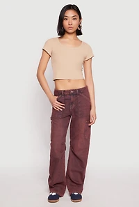 Womens Almost Famous Mineral Wash Cargo Barrel Jeans, Burgundy, Size 3