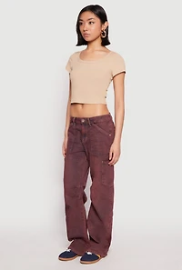 Womens Almost Famous Mineral Wash Cargo Barrel Jeans, Burgundy, Size 3