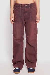 Womens Almost Famous Mineral Wash Cargo Barrel Jeans, Burgundy, Size 3
