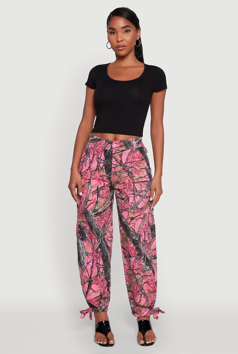 Womens Almost Famous Hunter Camo High Waisted Cargo Joggers, Pink,