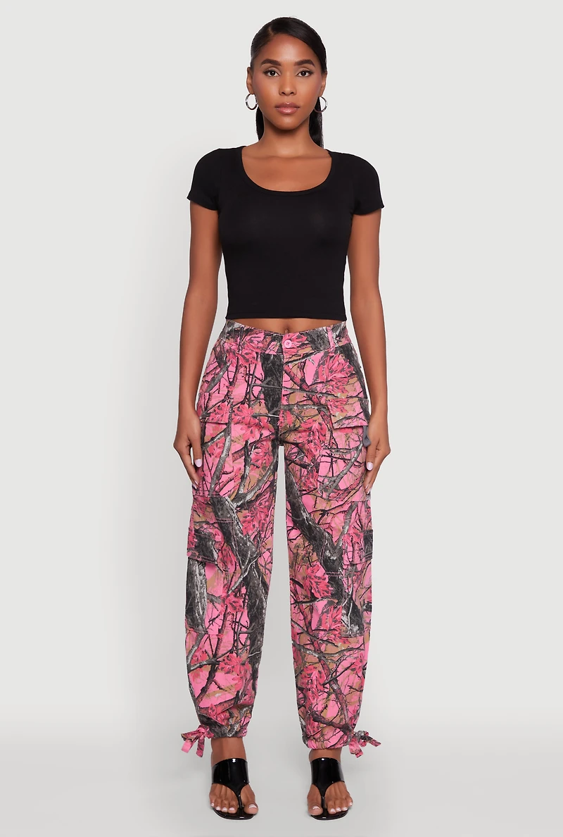 Womens Almost Famous Hunter Camo High Waisted Cargo Joggers, Pink, Size M