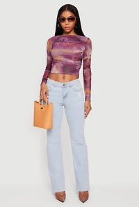 Raw Hem Distressed Bootcut Jeans with Elastic Waist