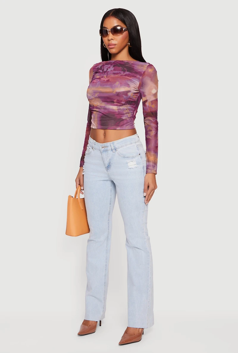 Womens Raw Hem Distressed Bootcut Jeans with Elastic Waist, Blue, Size M