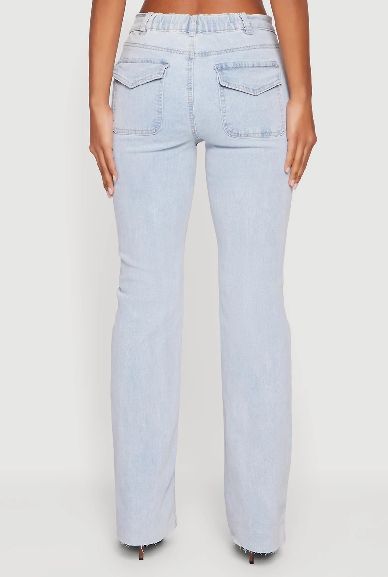 Womens Raw Hem Distressed Bootcut Jeans with Elastic Waist, Blue, Size M