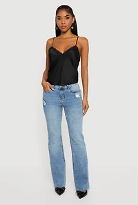 Raw Hem Distressed Bootcut Jeans with Elastic Waist