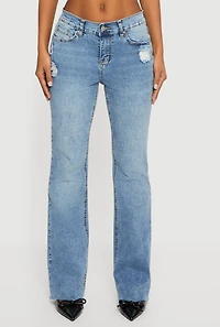 Raw Hem Distressed Bootcut Jeans with Elastic Waist