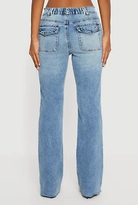 Raw Hem Distressed Bootcut Jeans with Elastic Waist