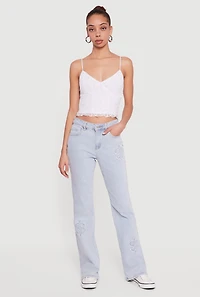 Frayed Dollar Sign Embroidered Boot Cut Jeans