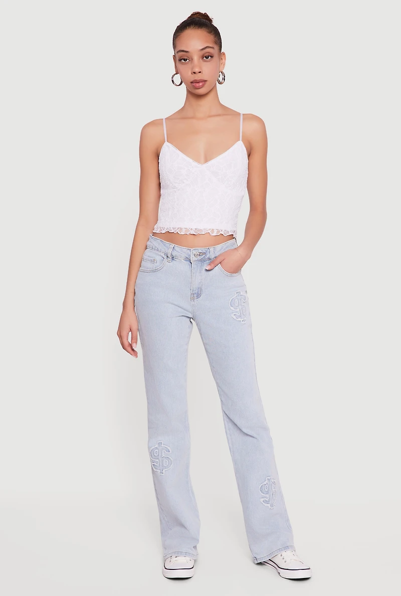 Frayed Dollar Sign Embroidered Boot Cut Jeans