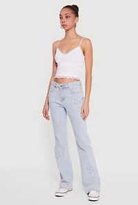 Frayed Dollar Sign Embroidered Boot Cut Jeans