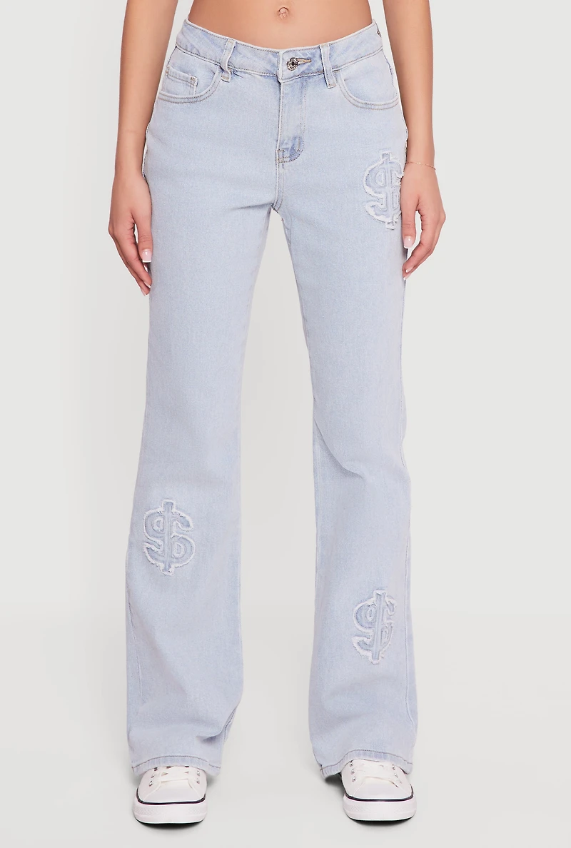 Frayed Dollar Sign Embroidered Boot Cut Jeans