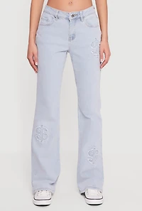 Frayed Dollar Sign Embroidered Boot Cut Jeans