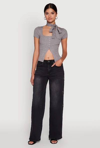 Womens Madden Girl Mineral Wash Embroidered Bow Side Jeans,