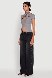 Womens Madden Girl Mineral Wash Embroidered Bow Side Jeans,