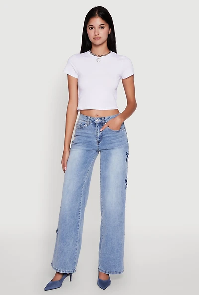 Womens Madden Girl Mineral Wash Embroidered Bow Side Jeans, Blue, Size 1