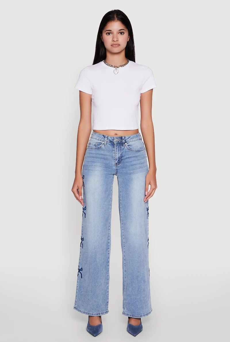Womens Madden Girl Mineral Wash Embroidered Bow Side Jeans, Blue, Size 1